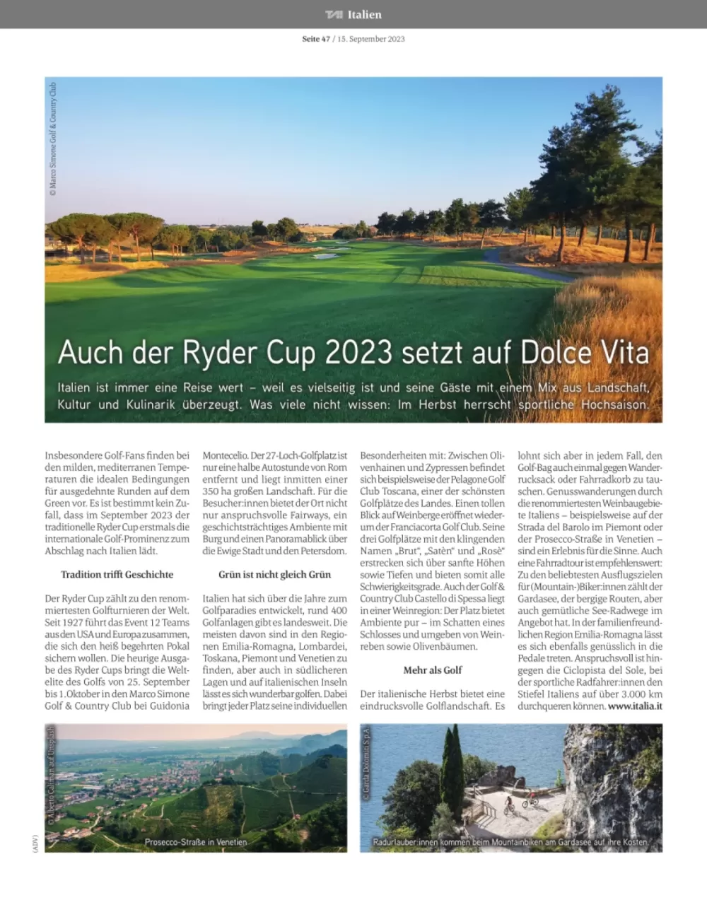 Anche la Ryder Cup  punta sulla Dolce Vita - Tourismuswirtschaft Austria & International T.A.I. - Vienna